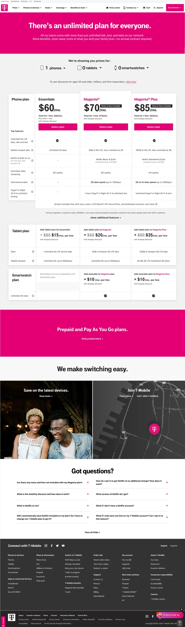 T-Mobile plan comparison concept showing device choices next to plan pricing. 01